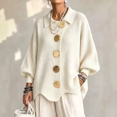 Button-Front Knit Collared Cardigan Sweater Coat