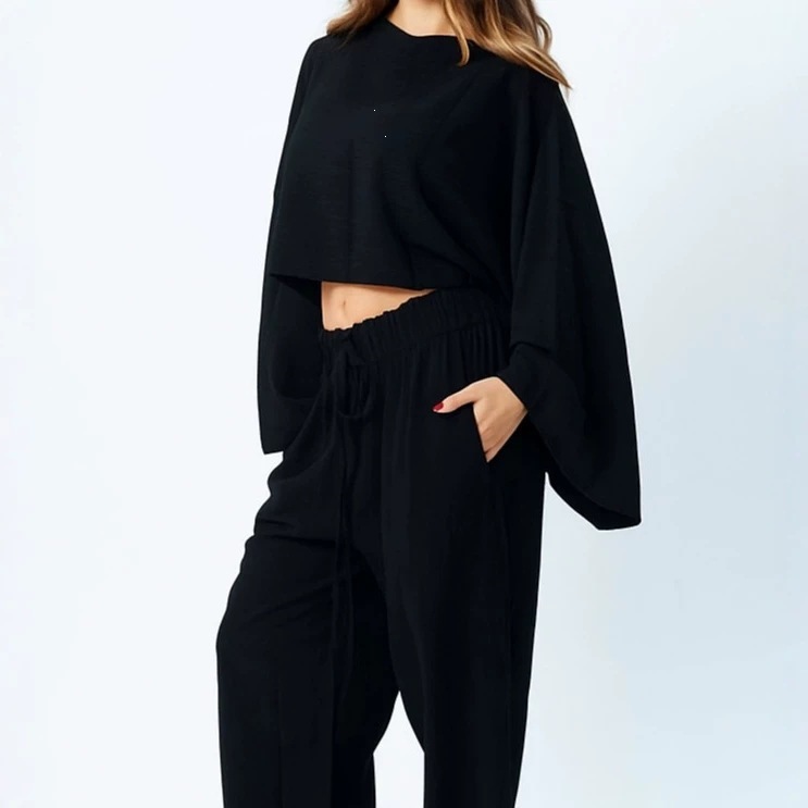 Women's Solid Color Short Sleeve Pullover & Elastic Waist Pants Two-Piece Set