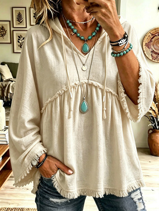 Annuo Self-Developed 2026 Europe & America Cross-Border Autumn/Winter New Women's Clothing Fall Loose Drawstring 3/4 Sleeve Casual Top for Women