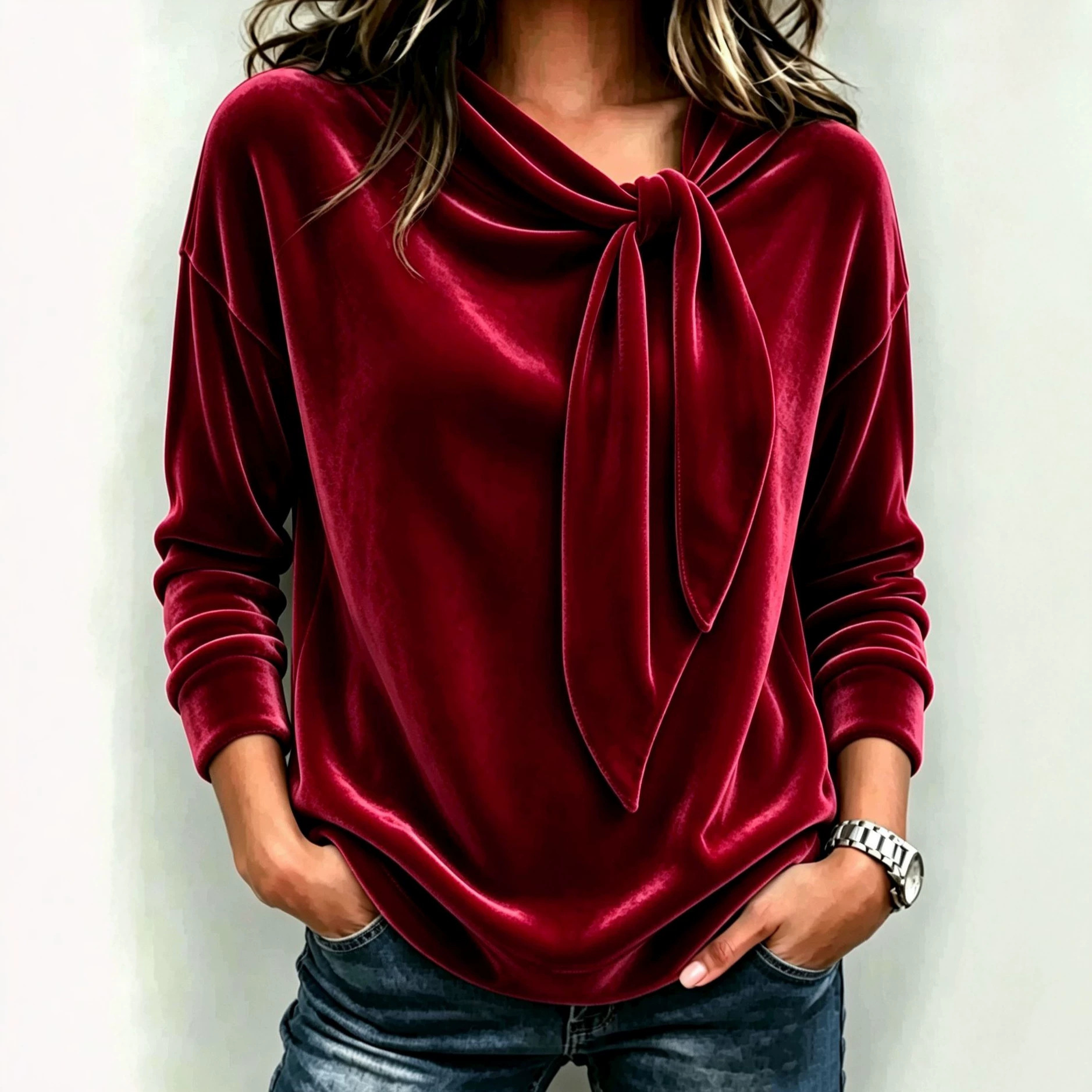 Velvet Bow Sweater Solid Color Pullover Women's Top