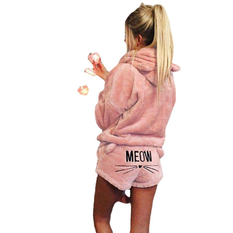 Cat Embroidered Hooded Loungewear Two-Piece Set