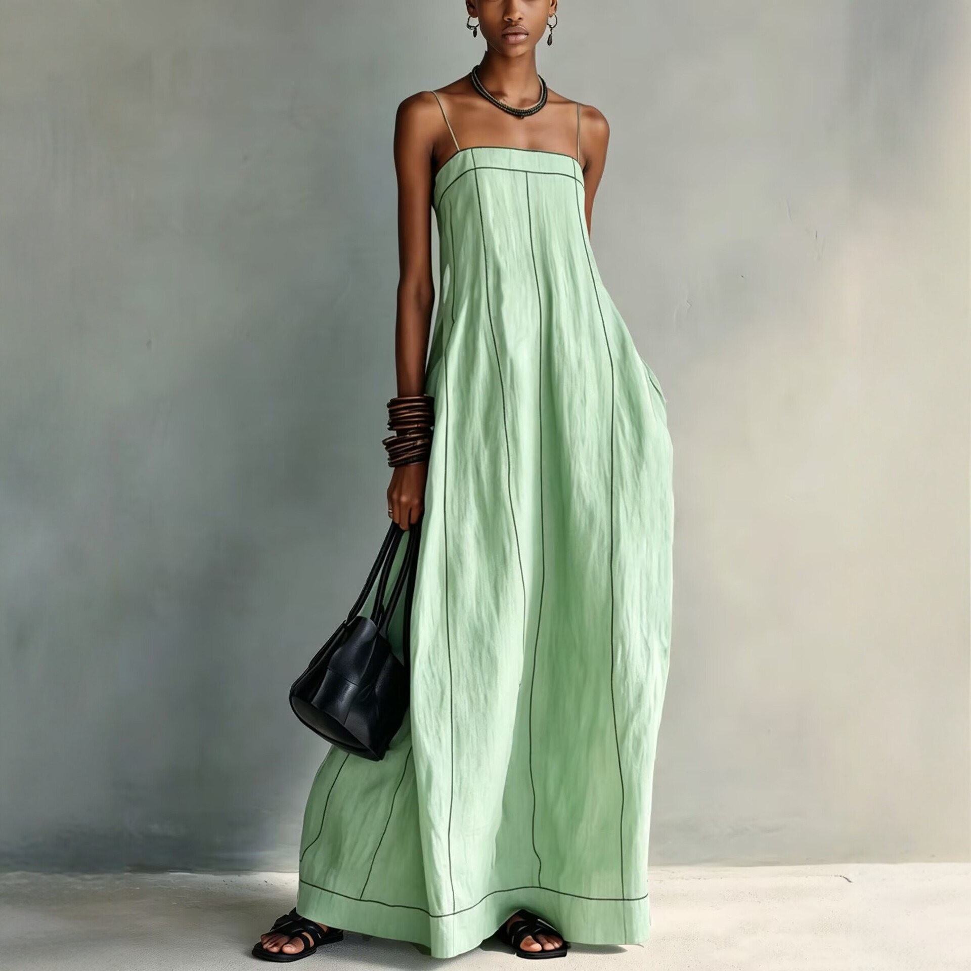 Women's Contrast Stitch Linen-Blend Sleeveless Maxi Dress Relaxed Fit