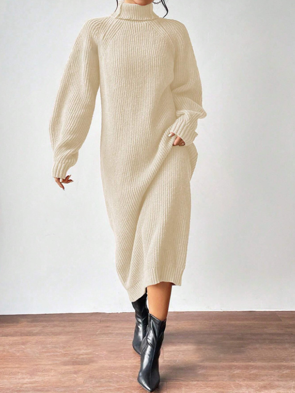 Women's Turtleneck Long Sleeve Knit Sweater Dress Solid Color Long Pullover