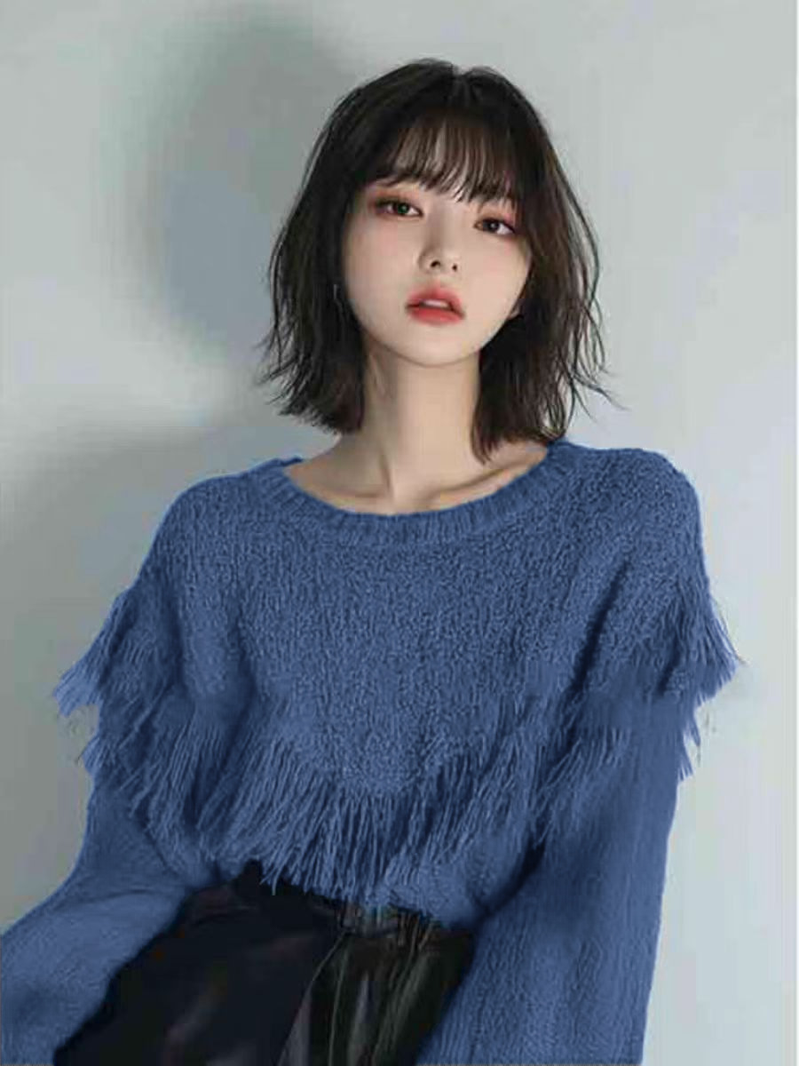 Blue Round Neck Fringe Knit Long Cardigan