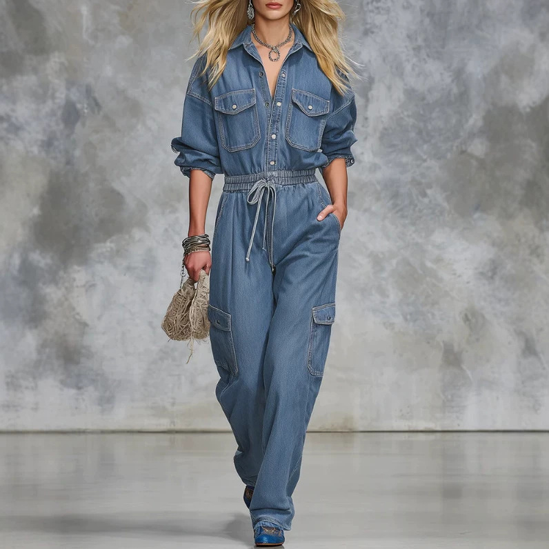 Western V-Neck Denim Jumpsuit Retro Casual Long Sleeve