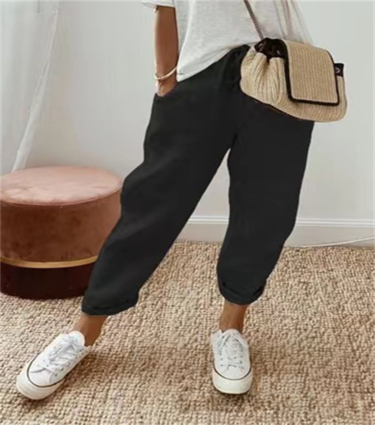 Women's Cotton-Linen Elastic Waist Cropped Pants Casual Loose Fit