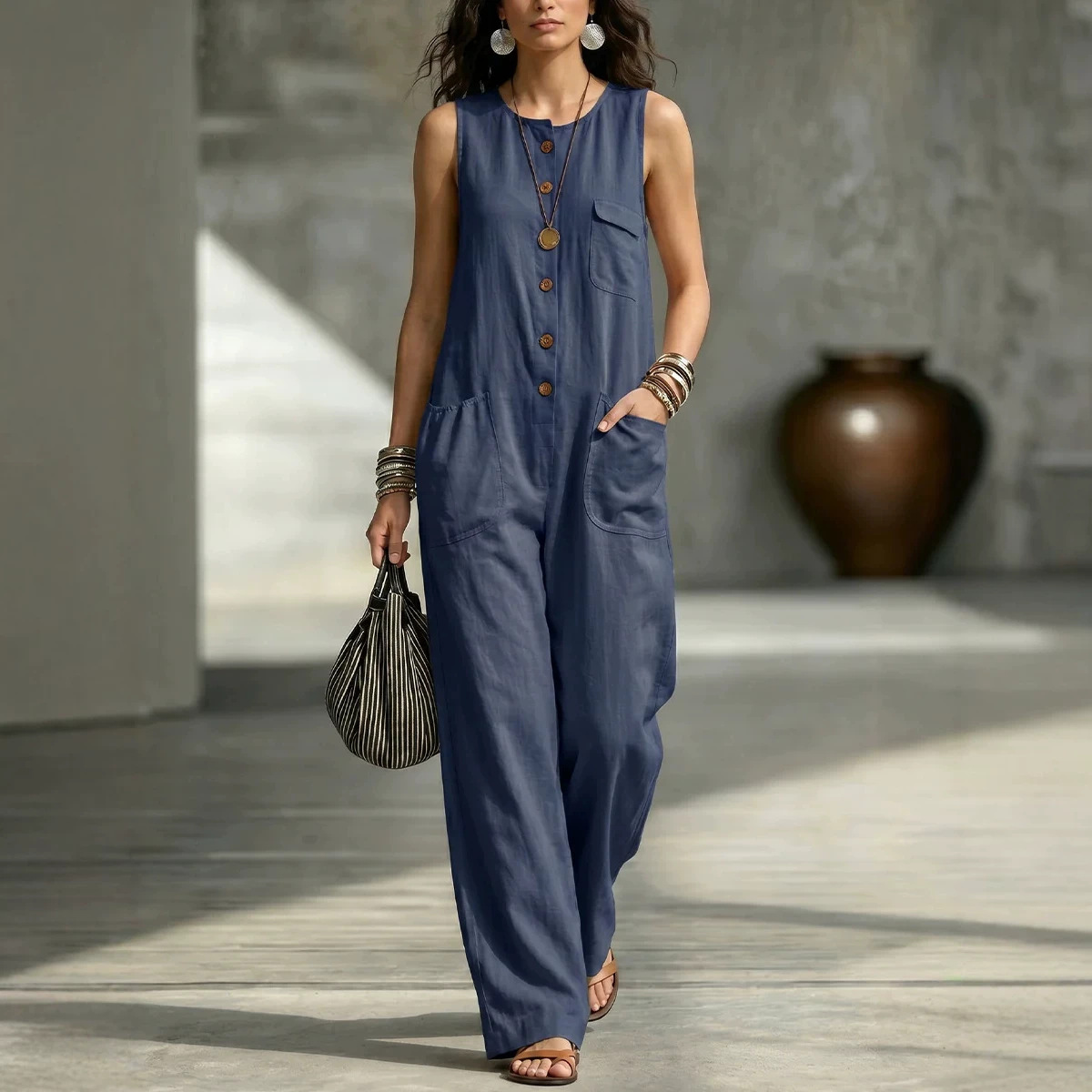 Sleeveless Wide-Leg Jumpsuit with Pockets Casual