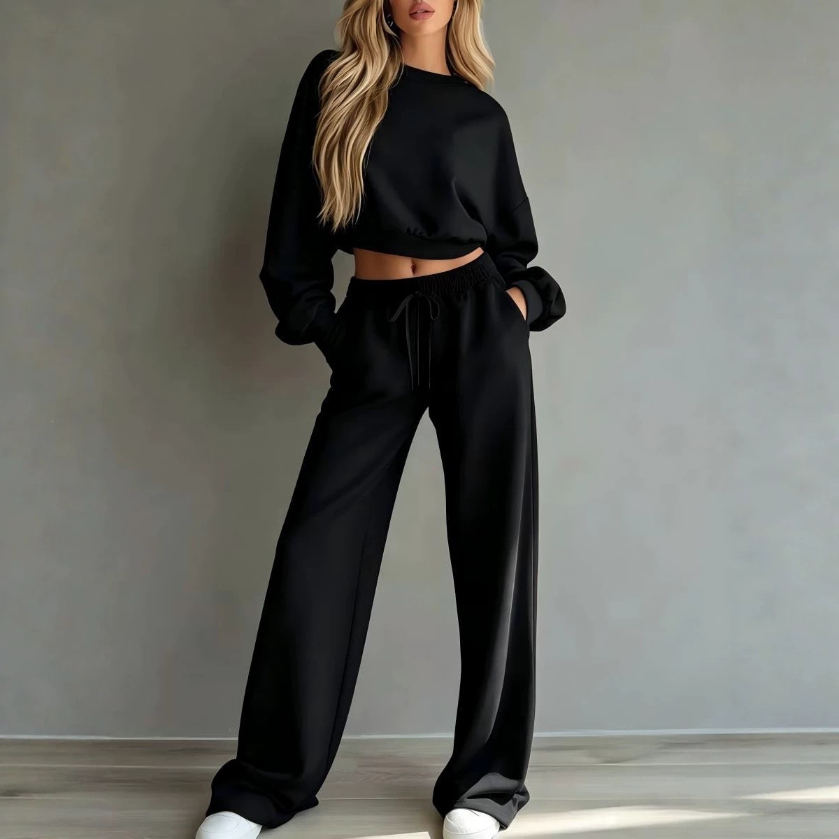 Women's Casual Solid Color Long Sleeve Sweatshirt and Wide Leg Pants Set