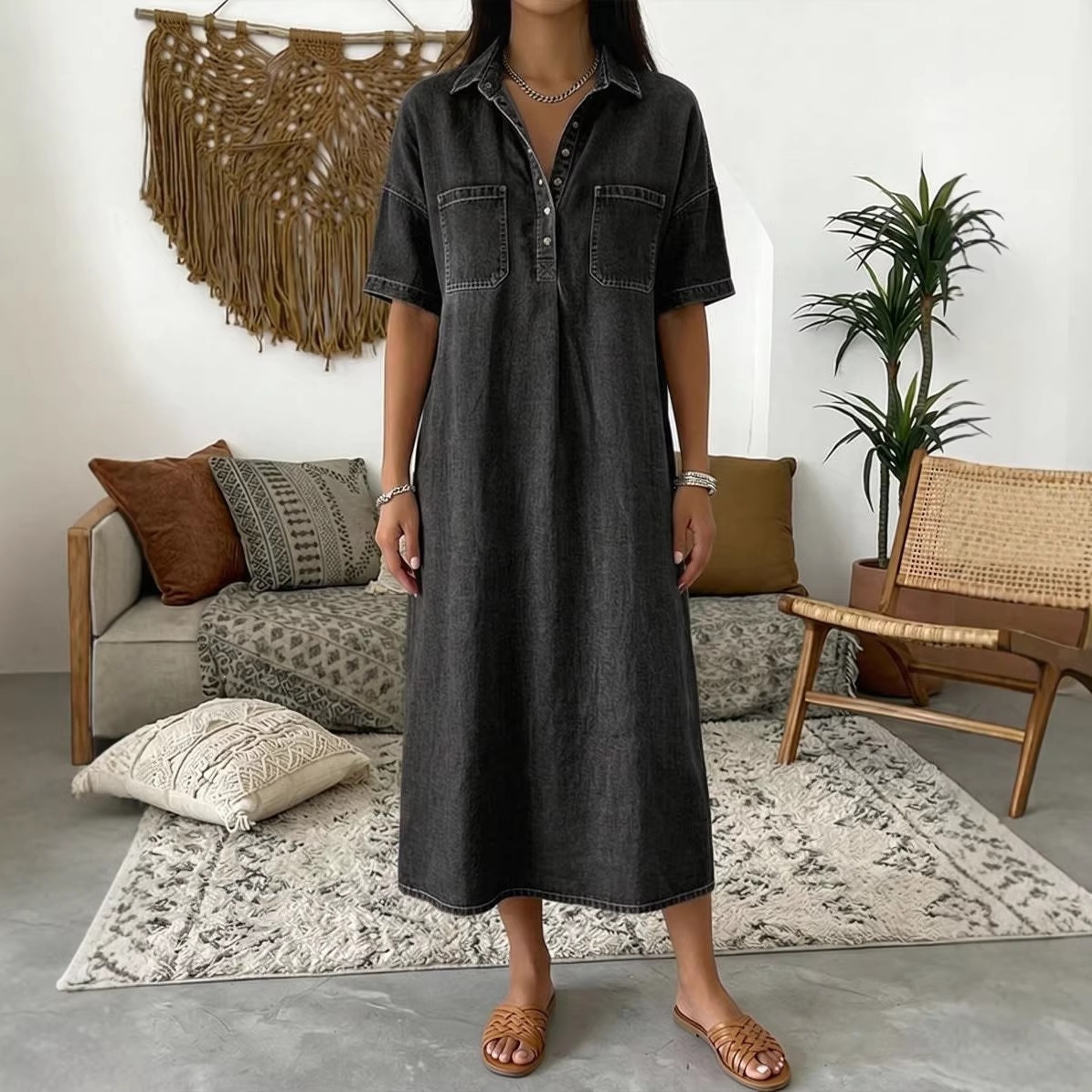 Women's V-Neck Faux Denim Dress Loose Casual Midi