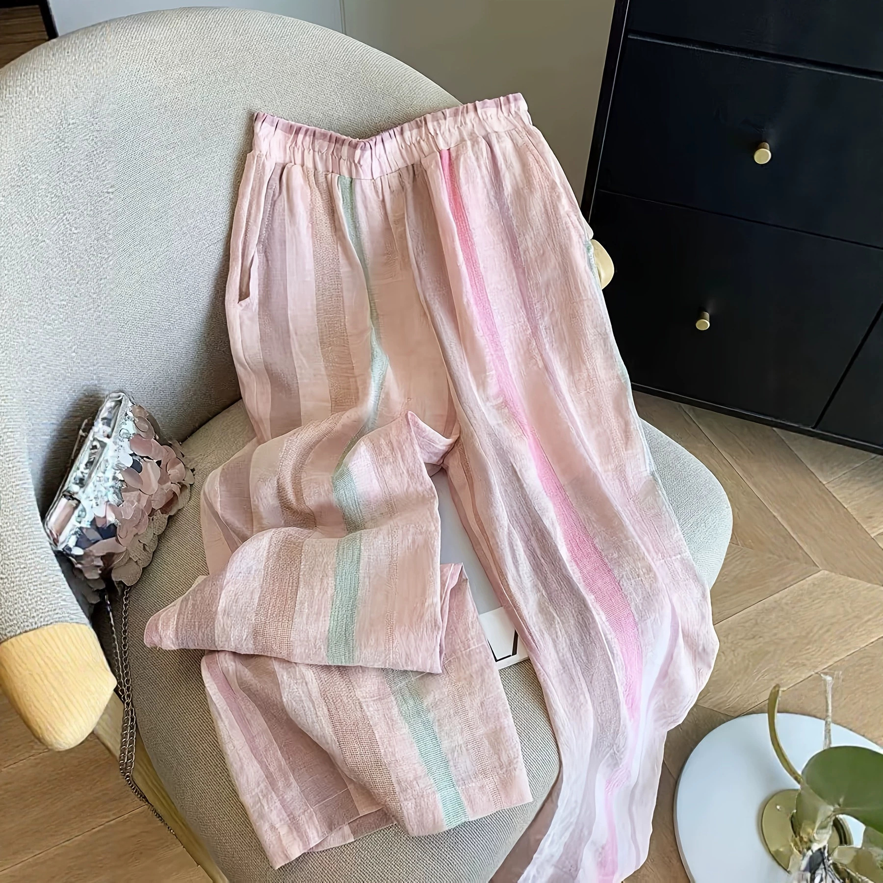 Striped Elastic Waist Wide-Leg Pants Women's Straight-Leg Casual Cotton-Linen Blend Lightweight
