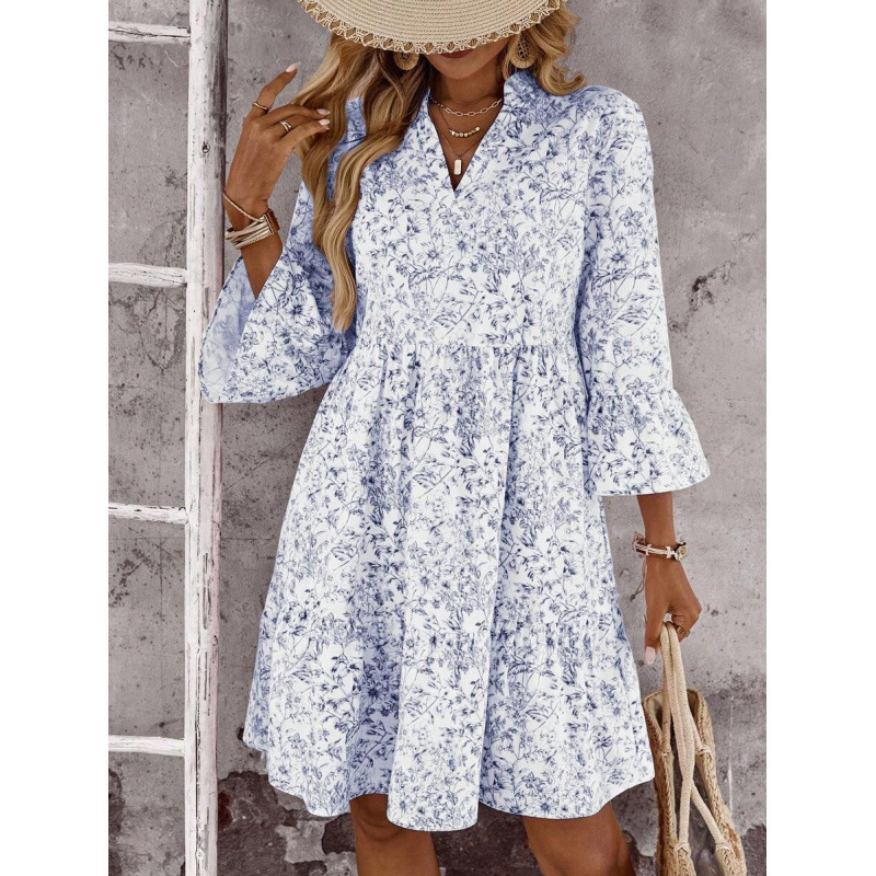 Boho V-Neck Midi Dress Floral Print Bell Sleeve A-Line
