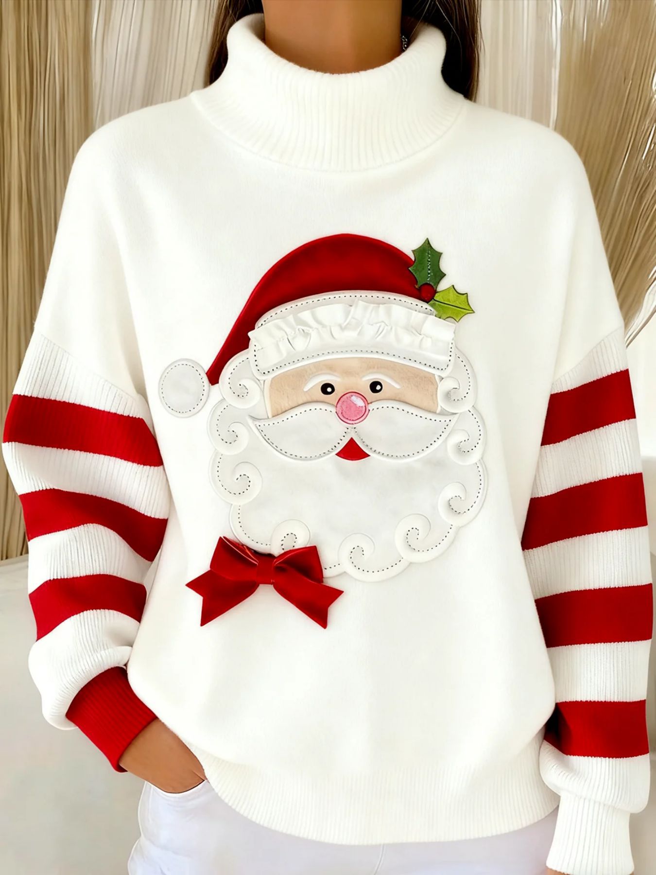 Women's Christmas Santa Striped Print Turtleneck Sweater