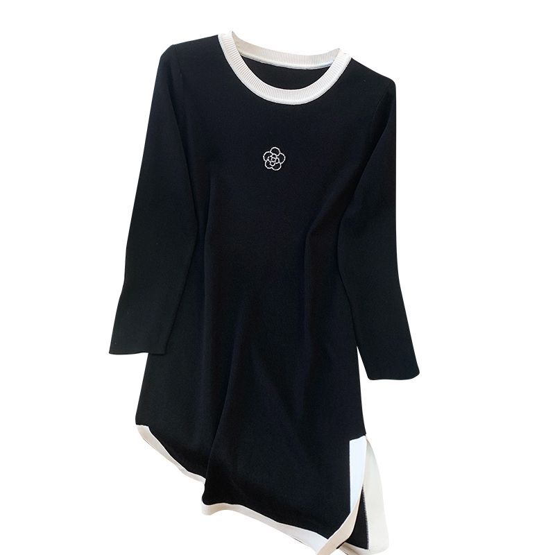 Women's Knit Round Neck Little Black Dress Slim Fit Long Split Hem