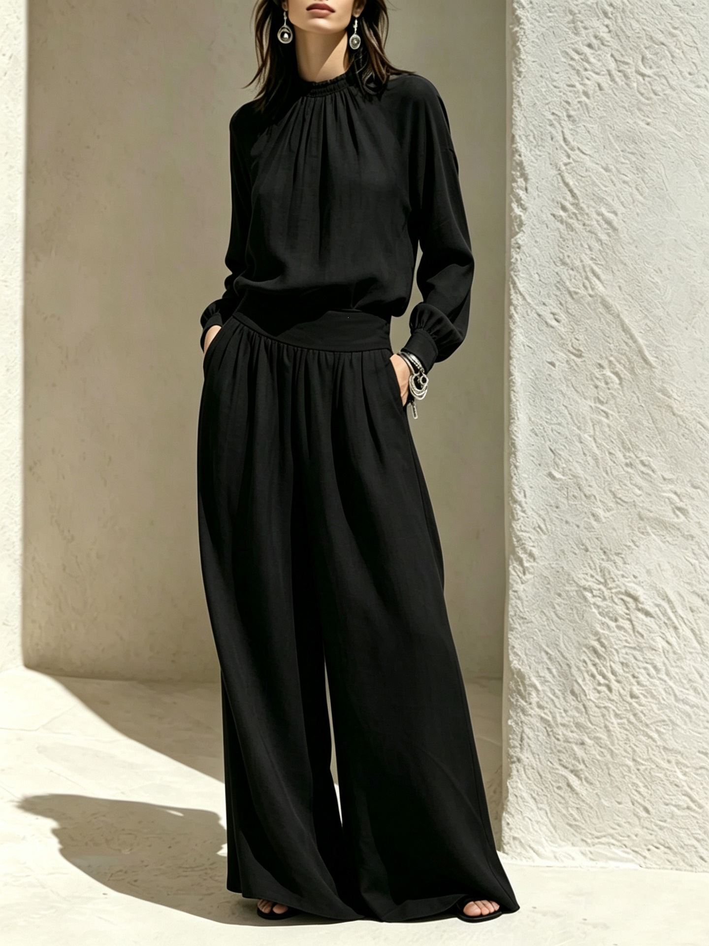 Women's Stand Collar Loose Top and Wide-Leg Pants Set