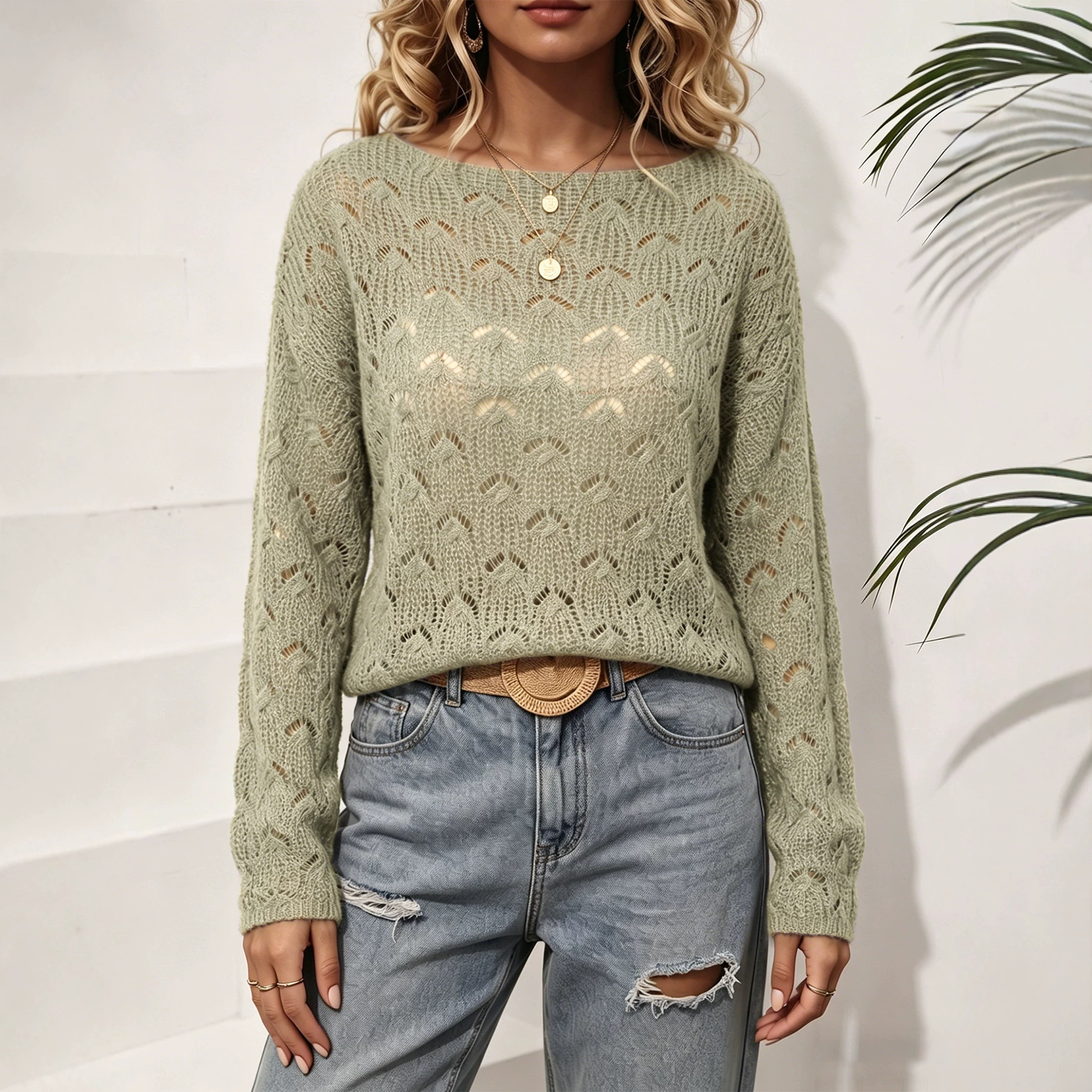 Women's Openwork Knit Sweater Crew Neck Long Sleeve Solid