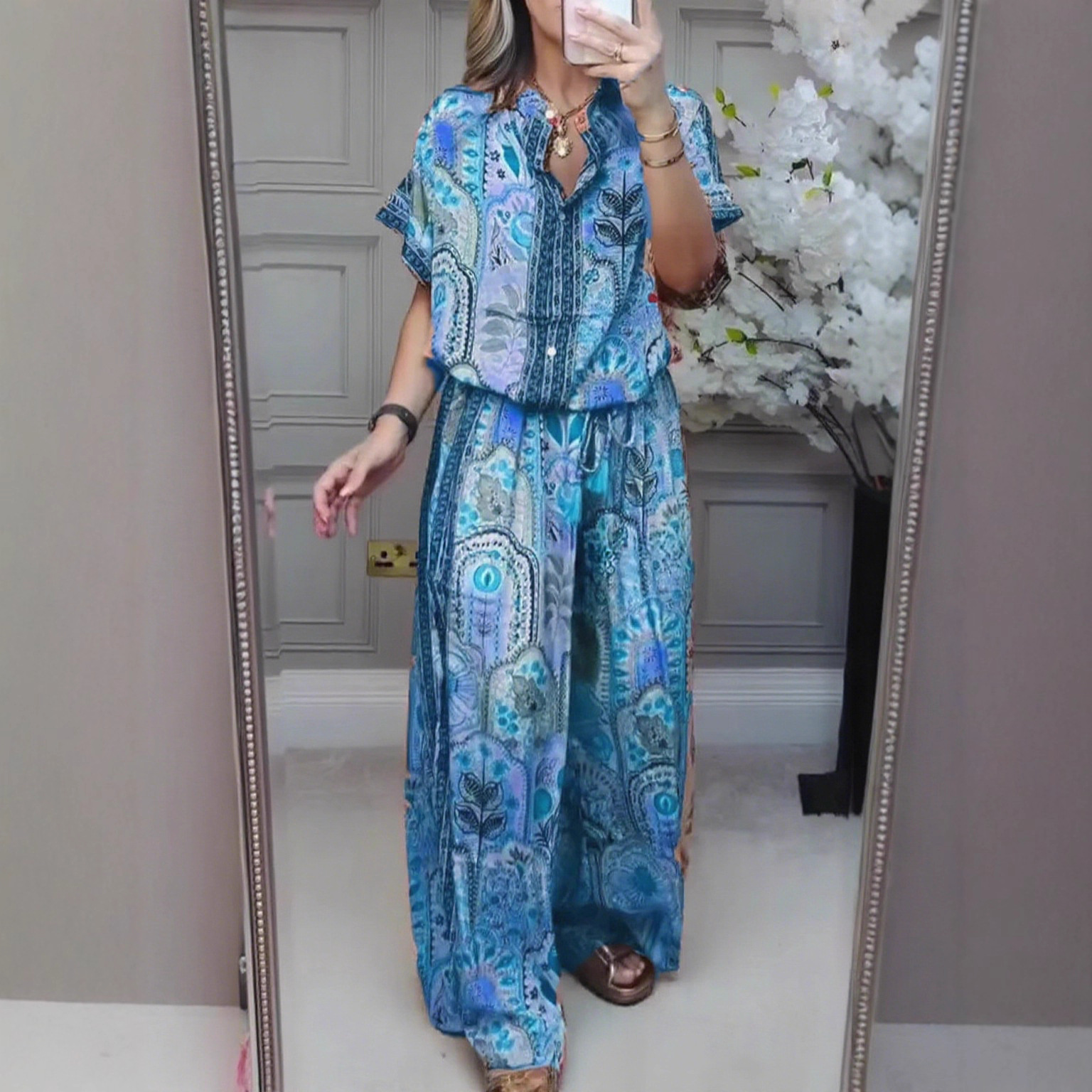 Women's Casual Print Button-Front Cardigan Top & Wide-Leg Pants Two-Piece Set