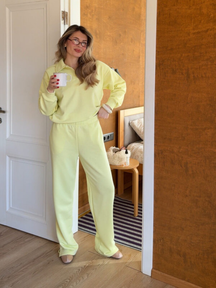 Women's Solid Color Button Hoodie and Pants Two-Piece Set with Collar