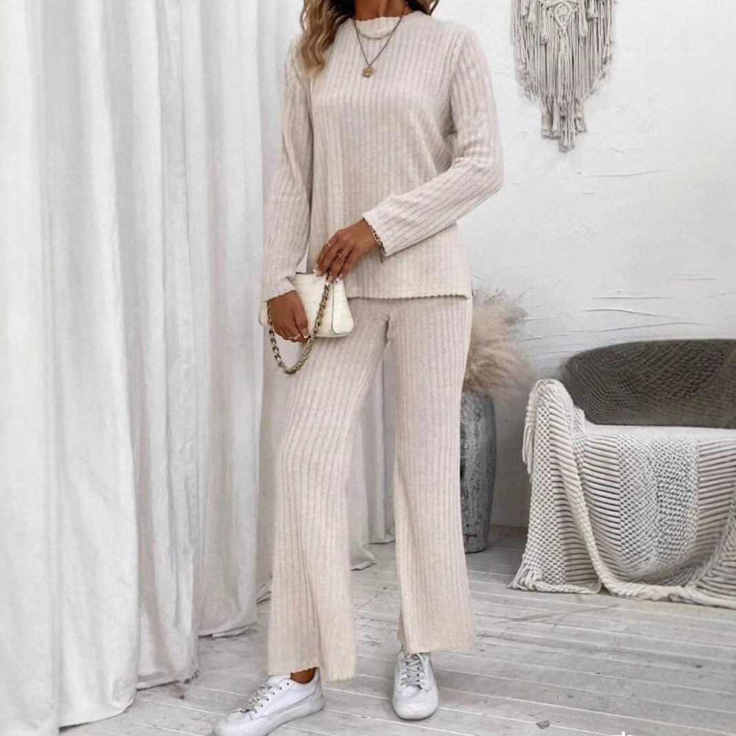 Women's Solid Color Crew Neck Long Sleeve Top and Pants Set