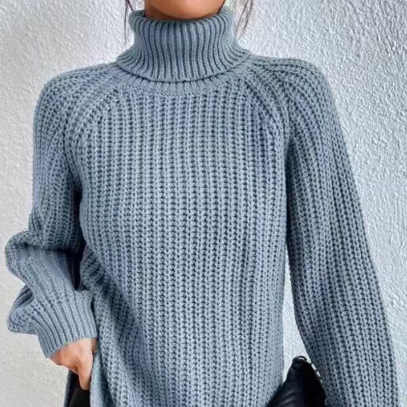 Women's High Neck Midi Knit Sweater with Raglan Sleeves and Side Slit