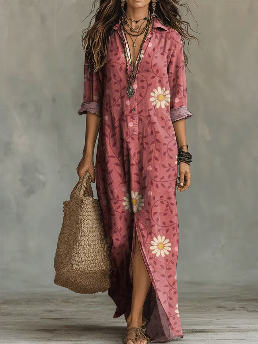Bohemian V-Neck Midi Dress Short Sleeve A-Line Geometric Print
