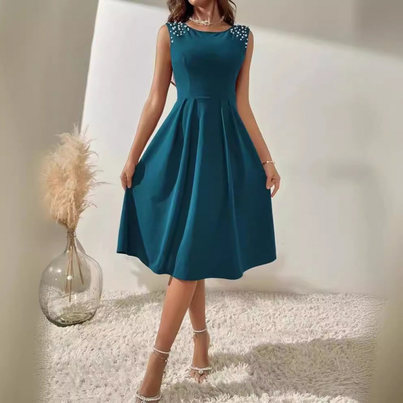 Women's Sleeveless Beaded Round Neck Slim Fit Midi Dress