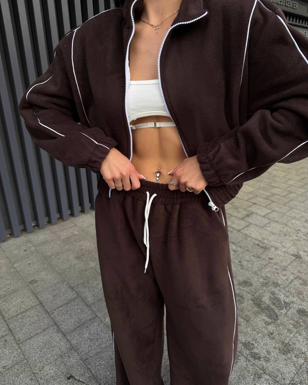 Women's Striped Fleece Pullover Hoodie and Drawstring Pants Set