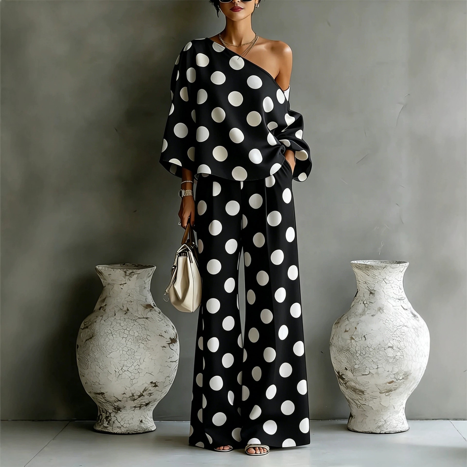 Colorful Polka Dot Off-Shoulder Flowy Two-Piece Pants Set for Women