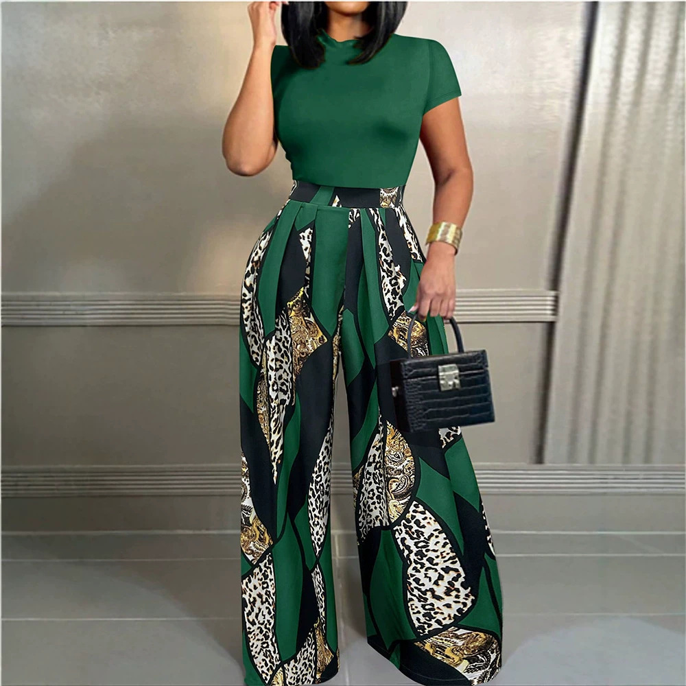 Women's Sleeveless Printed Wide-Leg Pants Set Commuter Two-Piece Outfit