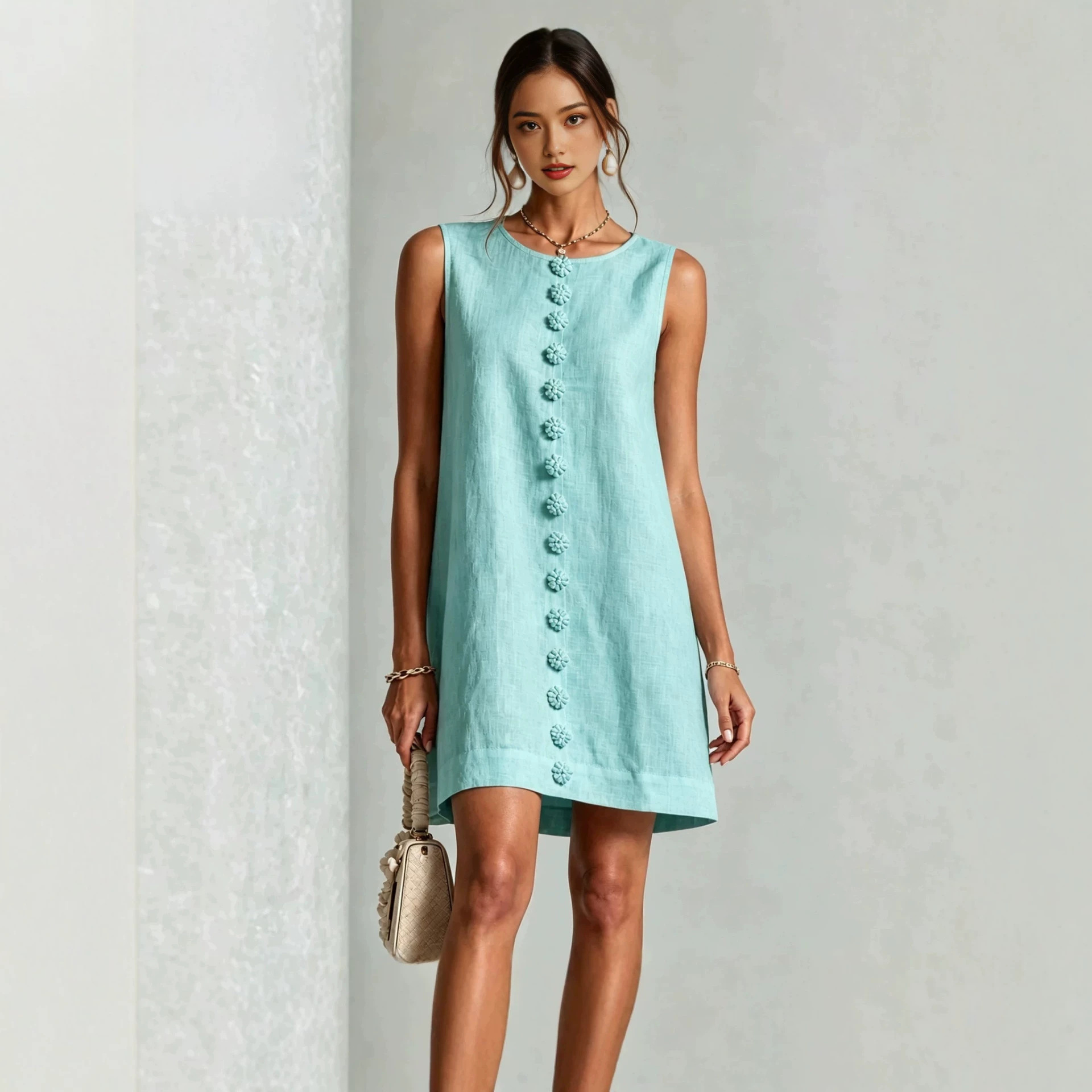 Women's Sleeveless A-Line Mini Dress Solid Crew Neck Casual