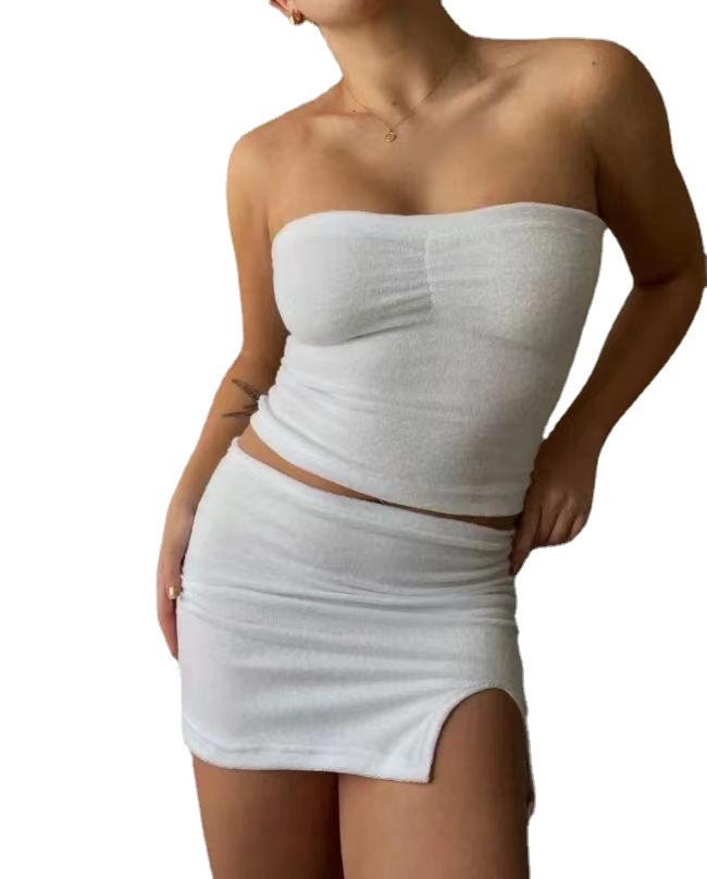 Women's Sexy Solid Color Tube Top and Split Bodycon Mini Skirt Set