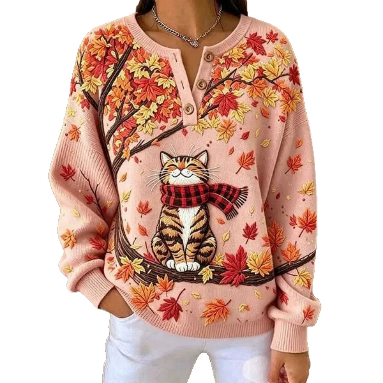Women's Cute Cat & Maple Leaf Print Button Sweatshirt
