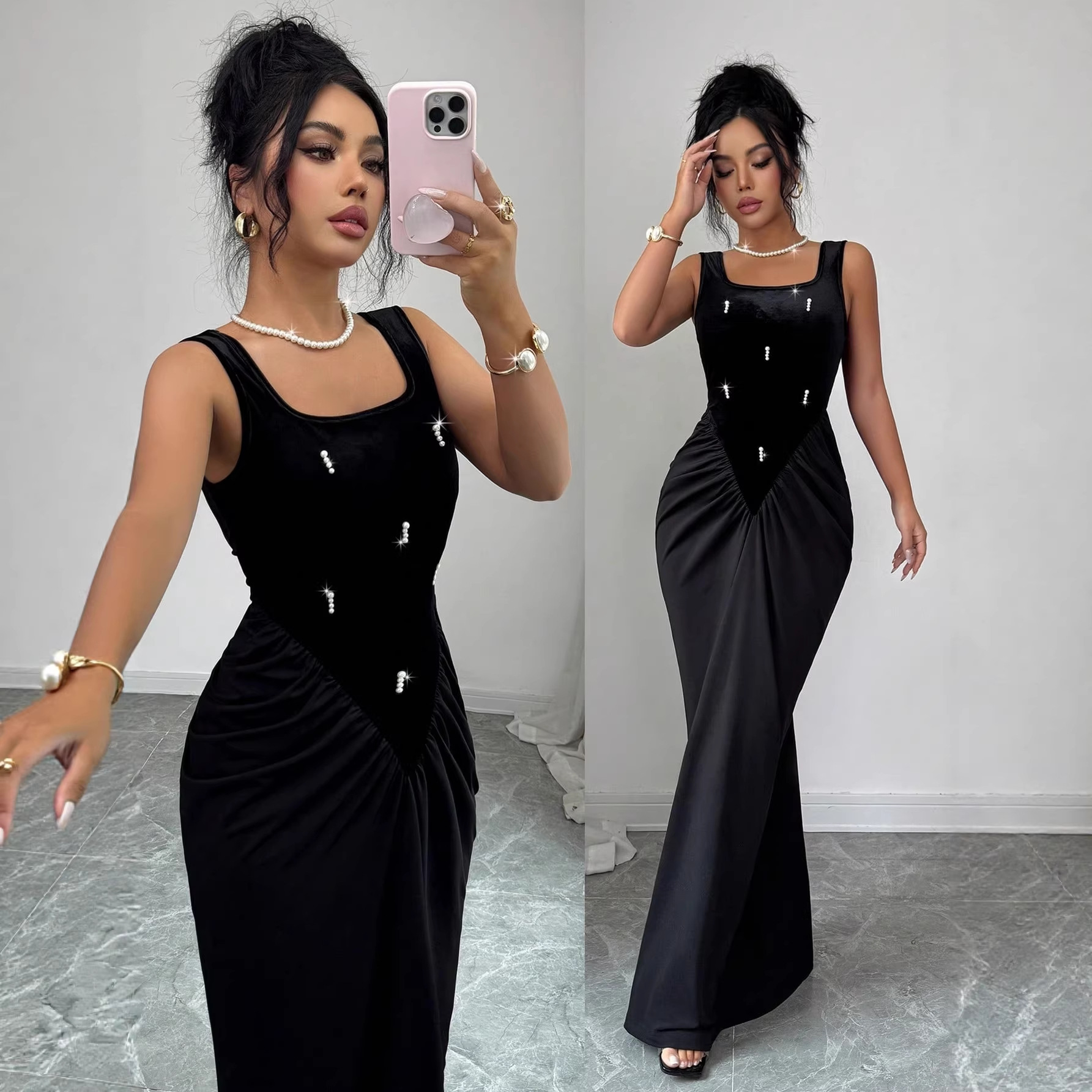Sexy Square Neck Sleeveless Long Dress with Hand-Set Rhinestones