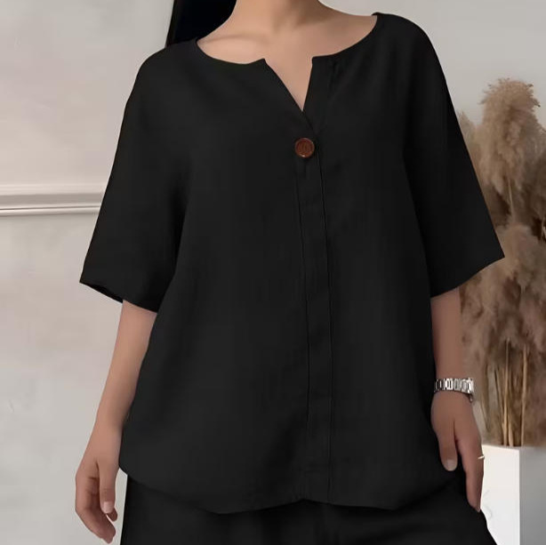 V-Neck Button-Trim Short-Sleeve Shirt and Shorts Two-Piece Set