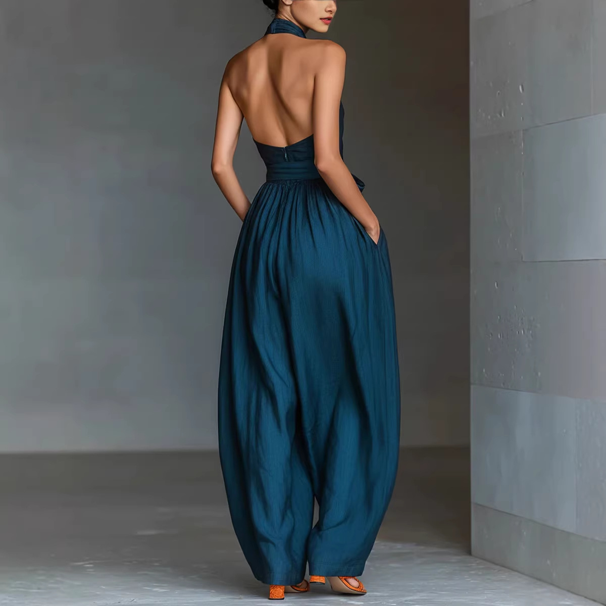 Women's Linen-Blend Cross-Strap Wide-Leg Jumpsuit