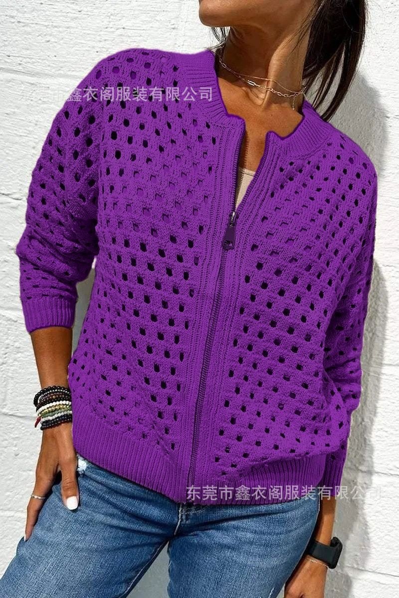 Women's Open-Knit Zip-Up Jacket Casual Lightweight Outerwear