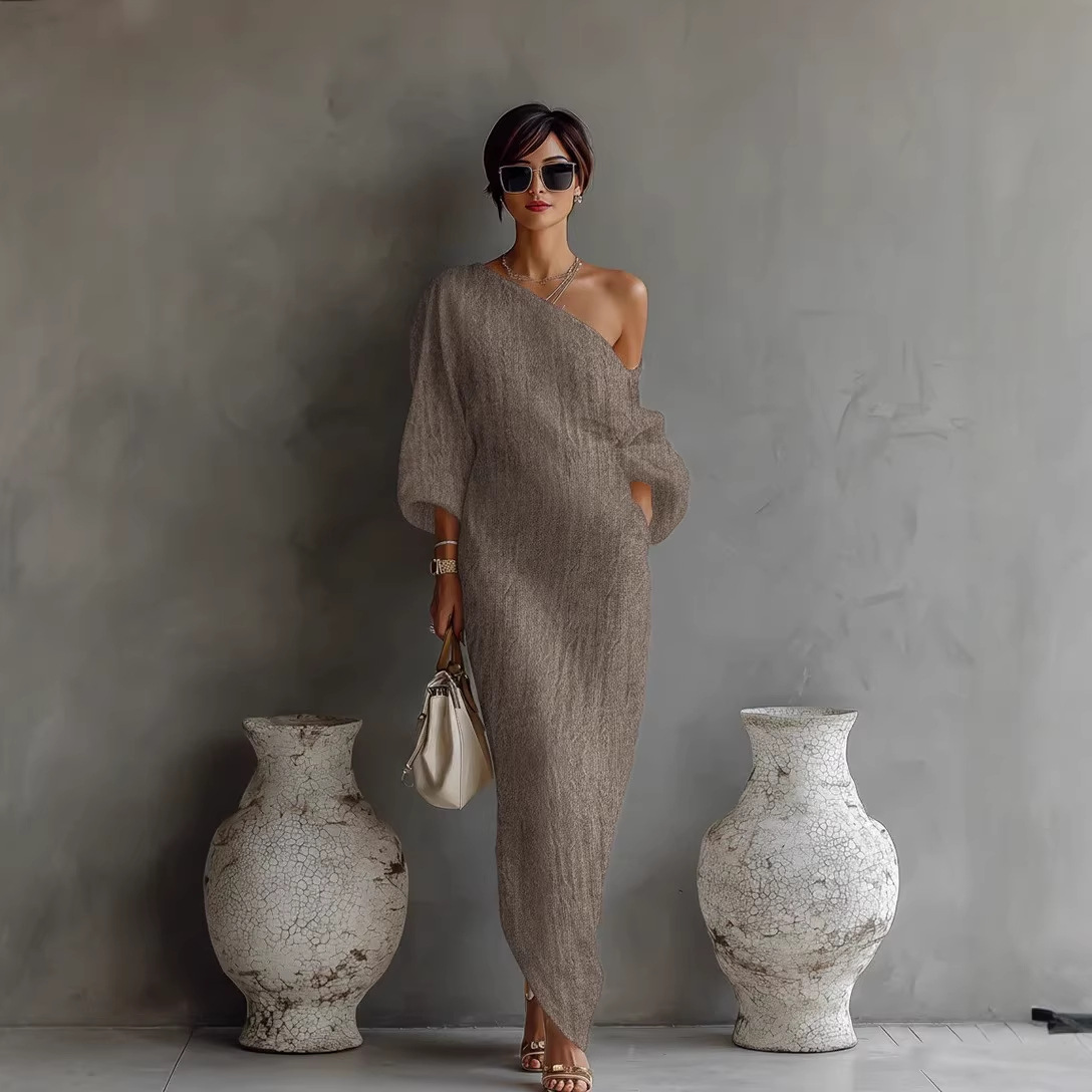 Women's Long Sleeve Off-Shoulder Midi Dress Solid Color Slim Fit