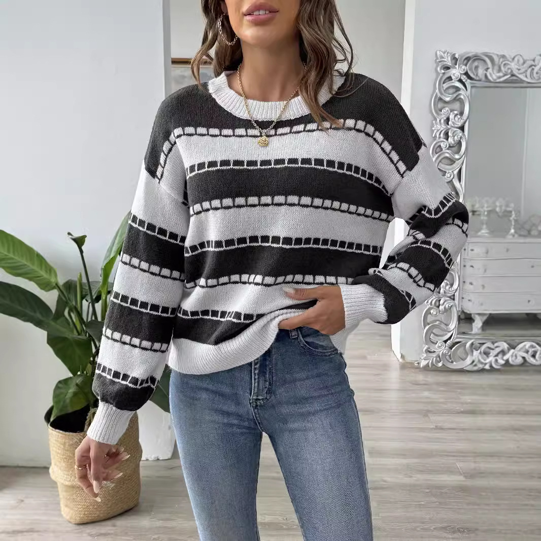 Striped Color-Block Knit Sweater, Long-Sleeve Pullover