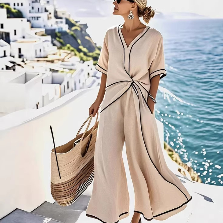 Bohemian V-Neck Long Dress with Contrast Trim