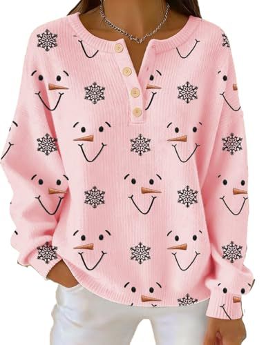 Women's Snowman Carrot Snowflake Smiley Print Button Sweatshirt
