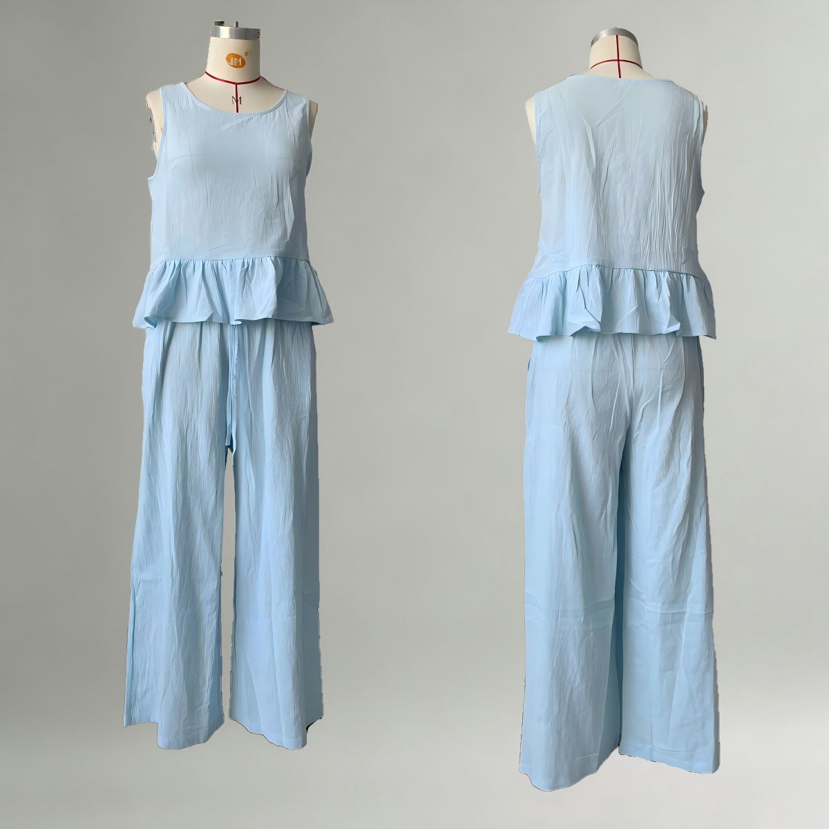 Women's Cotton-Linen Ruffle Sleeveless Wide-Leg Pants Set