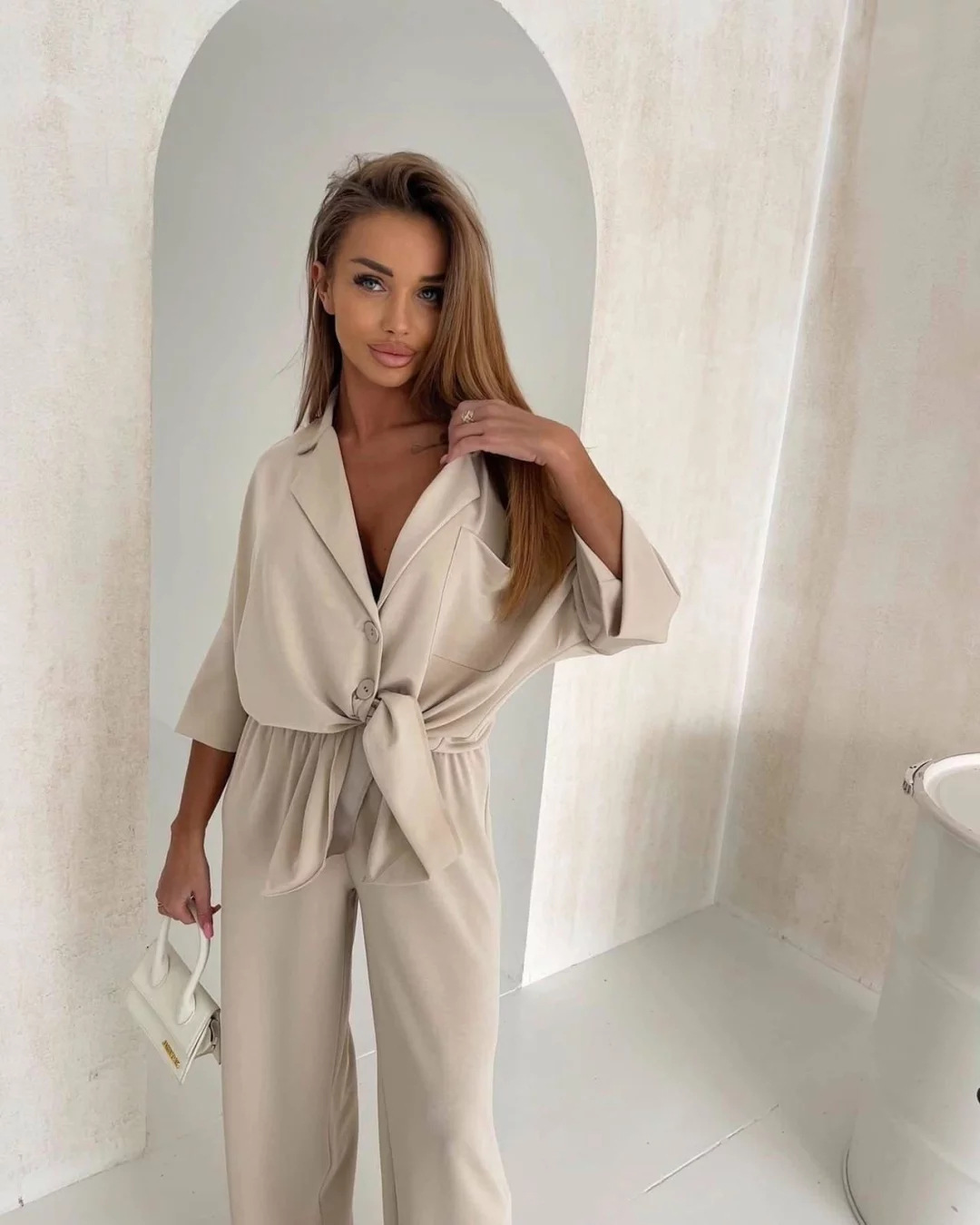 Women's Solid Color Single-Breasted Long-Sleeve Shirt and Elastic-Waist Pants Two-Piece Set