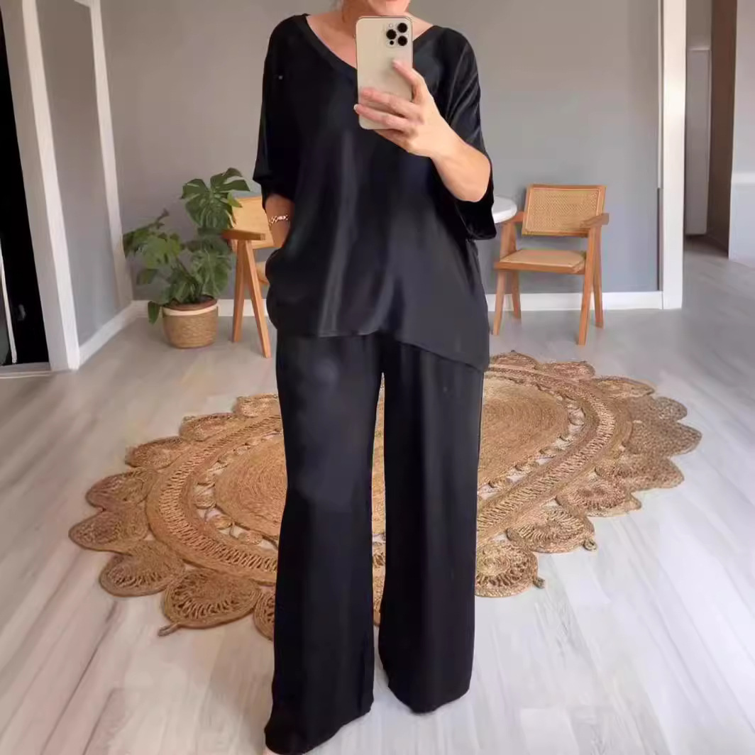 Women's Mercerized V-Neck Two-Piece Pants Set Solid Color Casual