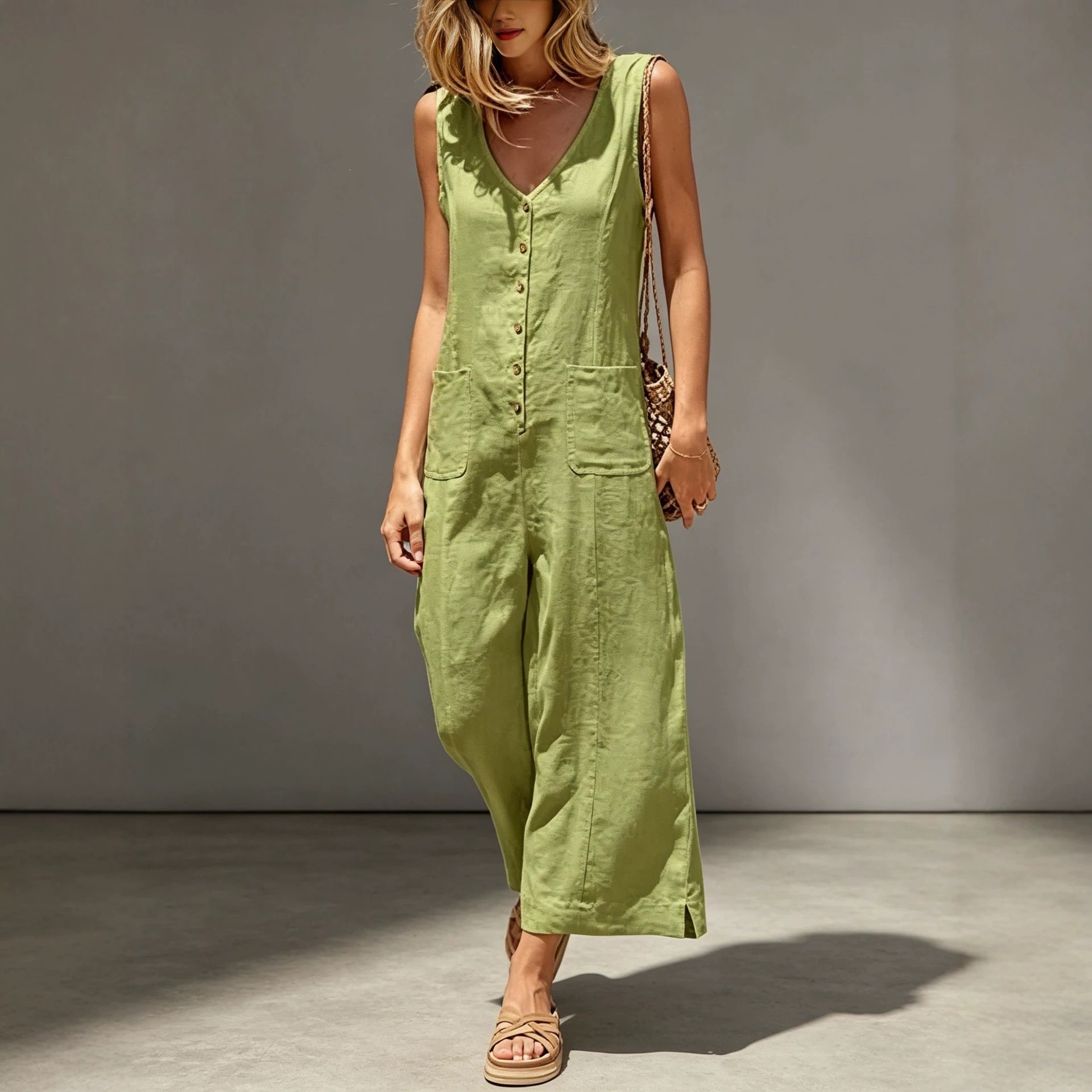 Women's Button-Front Sleeveless Wide-Leg Jumpsuit with Pockets