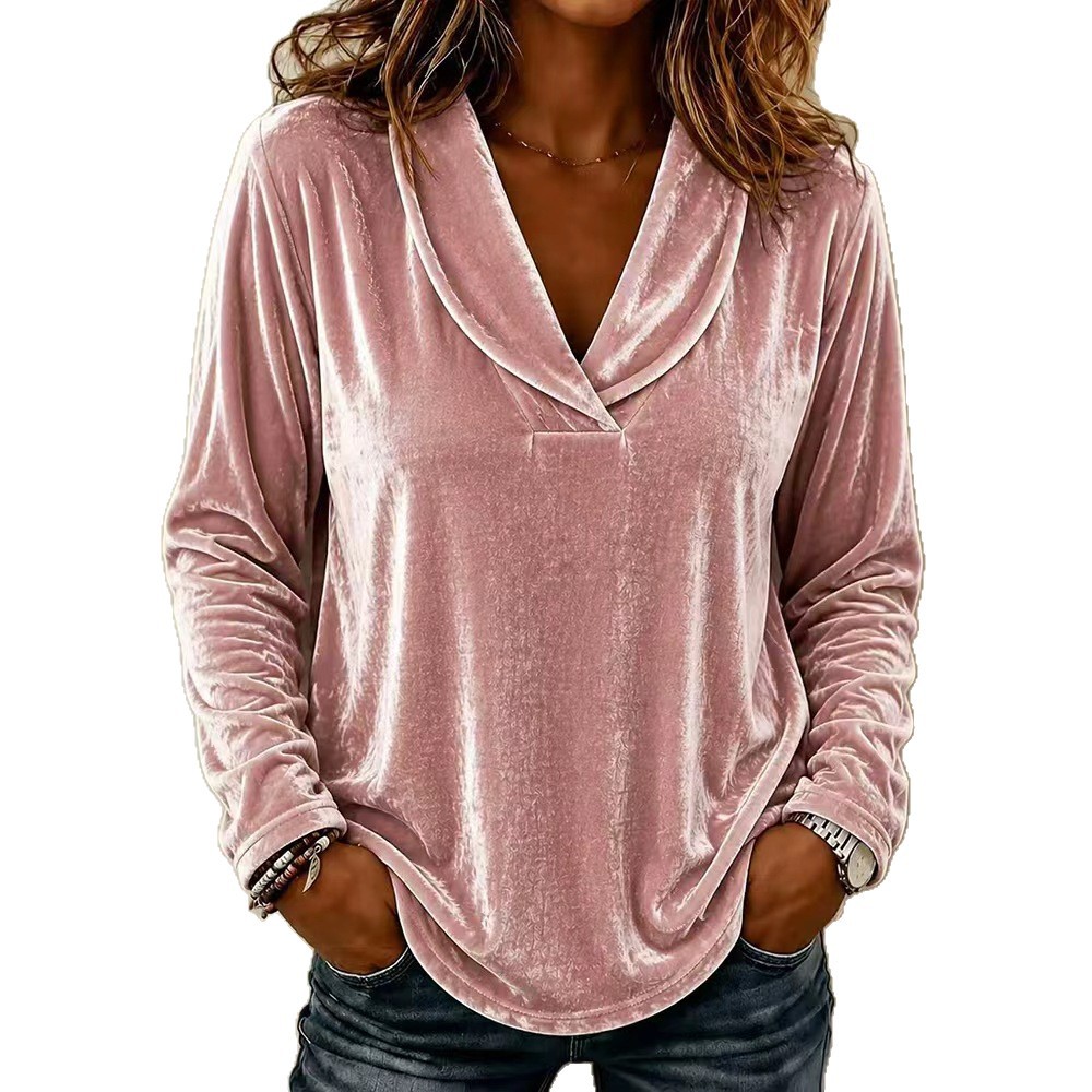 Solid Color Velvet Long Sleeve Top with Doll Collar