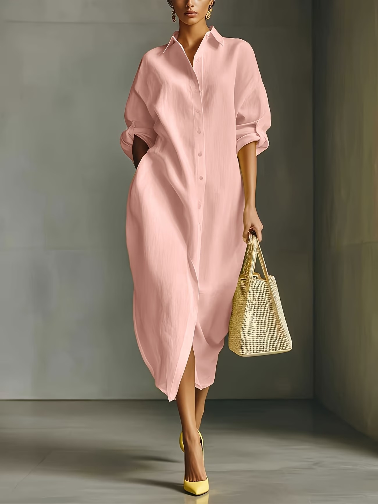 Relaxed Cotton-Linen Shirt Dress Long Sleeve Collared Midi Split