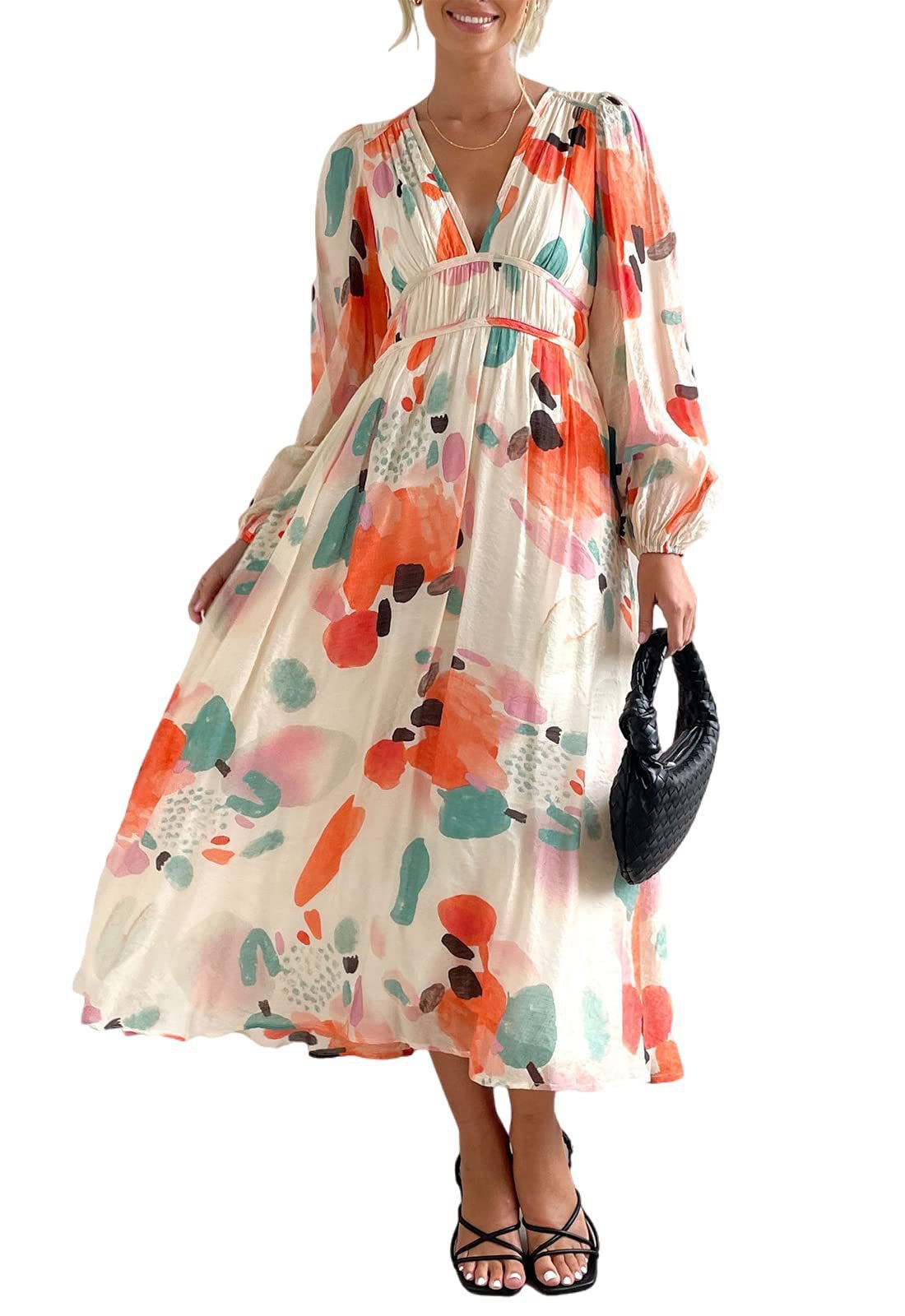 Bohemian Deep V-Neck Floral High-Waist Long-Sleeve Midi Dress