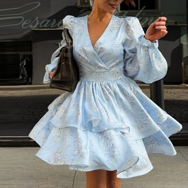 Elegant Floral Print Puff Sleeve Dress