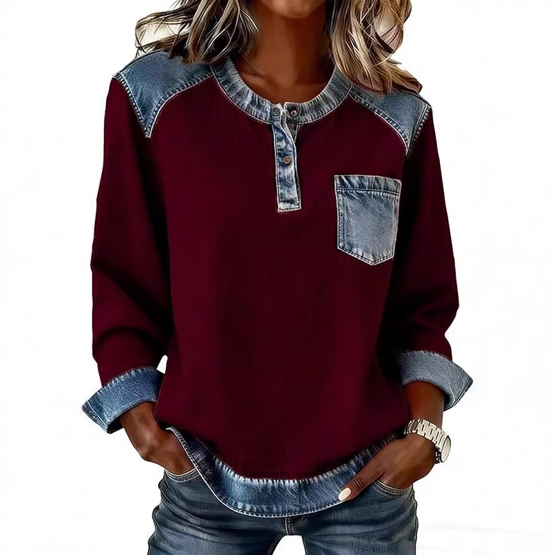 Faux Denim Patchwork Button Pocket Long Sleeve Crewneck Top