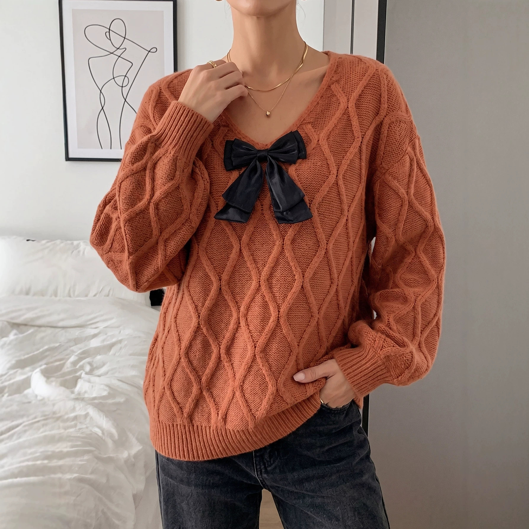 V-Neck Bow Long-Sleeve Loose Knit Sweater