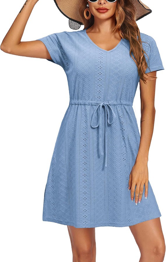 Women's Cutout Waist V-Neck Short Sleeve Beach Dress